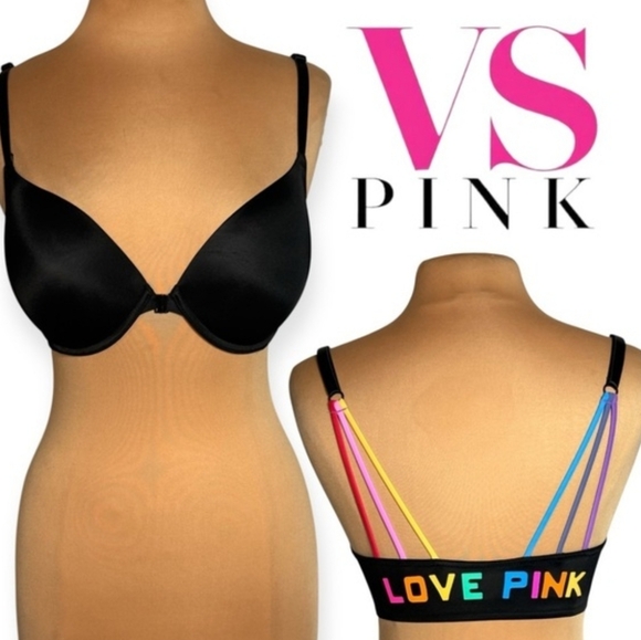 PINK Victoria's Secret Wear Everywhere Pushup Front Clasp Bra Rainbow Straps - Picture 3 of 7